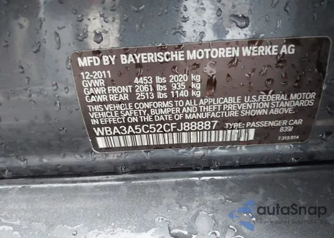 2012 BMW 328I z USA, uszkodzony, nr VIN WBA3A5C52CFJ88887